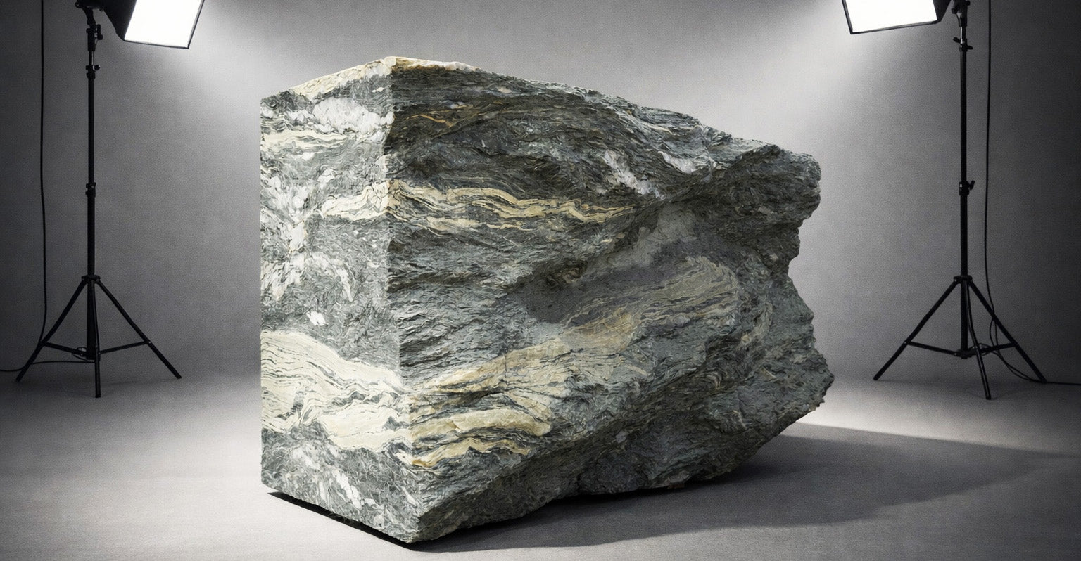 Natural stone block photographed under studio lights